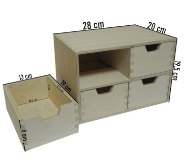 Square Plywood Chest with 4 Drawers – Desk & Craft Organizer – 28x20x19.5 cm