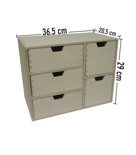 Plywood Chest with 5 Drawers – Mixed Size Organizer for Desk & Craft – 36.5x20.5x29 cm