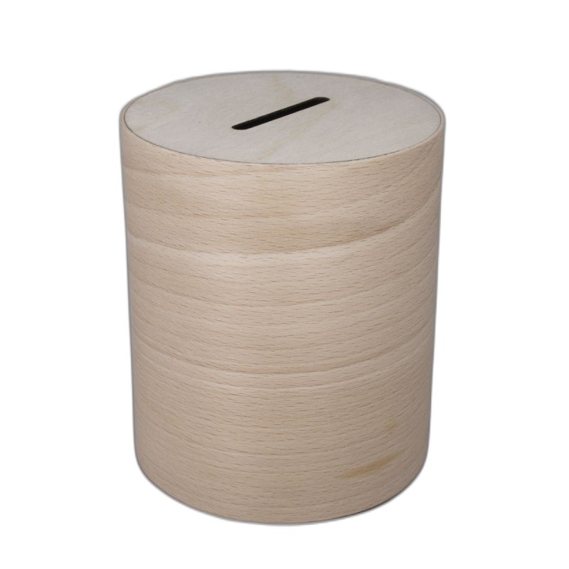 Wooden Cylinder Money Box – Natural Birch Piggy Bank with Bottom Plug – 12x10.5 cm
