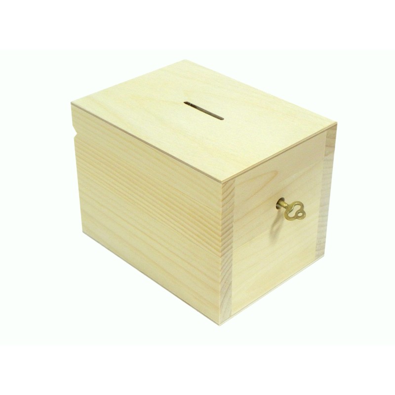 Wooden Money Box with Key – Pine and Plywood Piggy Bank – 14x10.5x10 cm