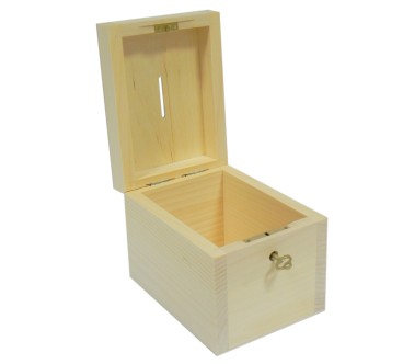 Wooden Money Box with Key – Pine and Plywood Piggy Bank – 14x10.5x10 cm