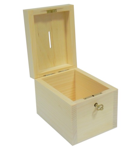 Wooden Money Box with Key – Pine and Plywood Piggy Bank – 14x10.5x10 cm