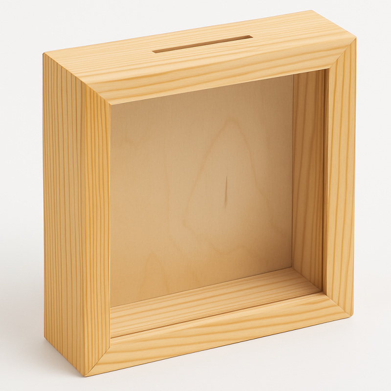 Wooden Money Box with Glass Front – Pine Piggy Bank with Removable Back – 10x10x4 cm