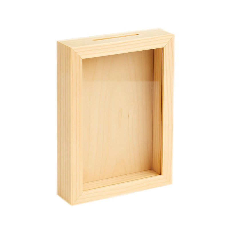 Wooden Money Box with Glass Front – Vertical Pine Frame Piggy Bank 21x16x4 cm
