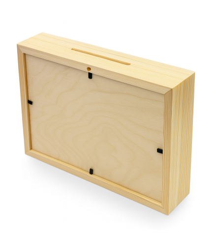 Wooden Money Box with Glass Front – Horizontal Pine Frame Piggy Bank 21x16x4 cm