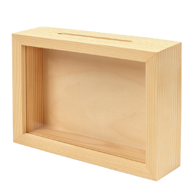 Wooden Money Box with Glass Front – Horizontal Pine Frame Piggy Bank 21x16x4 cm