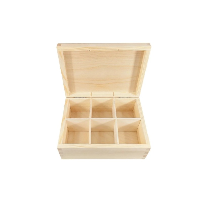 Wooden Tea Box – 6 Compartments – Natural Pine – Handmade in UK – Smooth Raw Finish – Storage for Tea