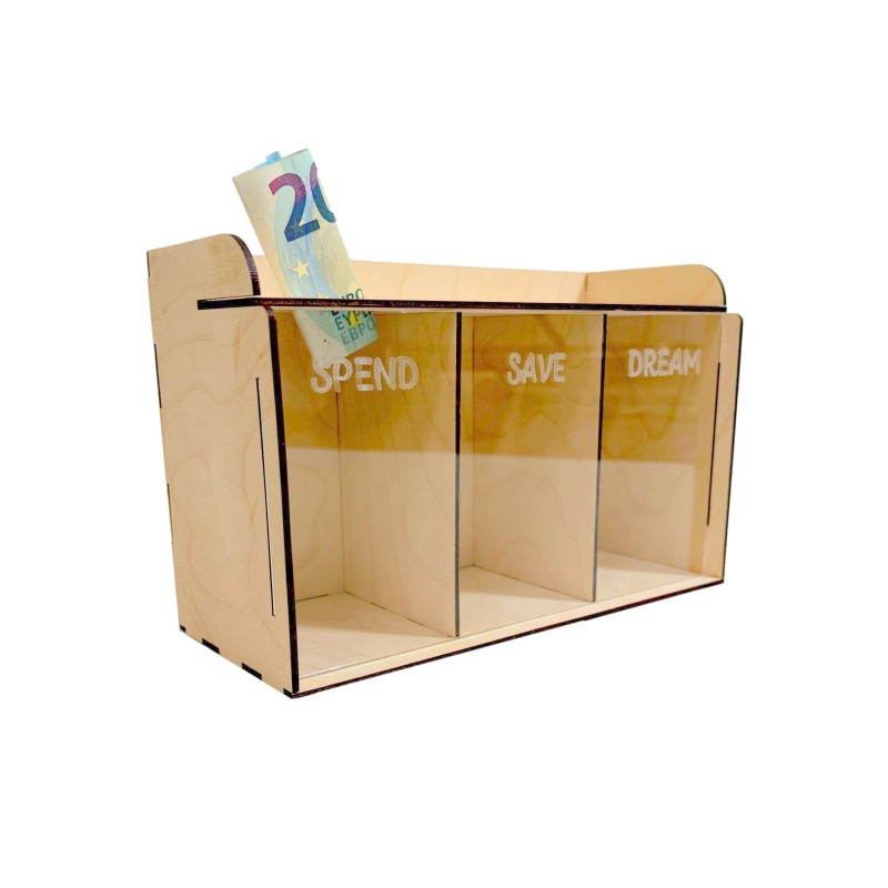 Wooden World – Triple Wooden Money Box with Transparent Front – 3 Compartments “Spend, Save, Dream” – 24x15x10 cm
