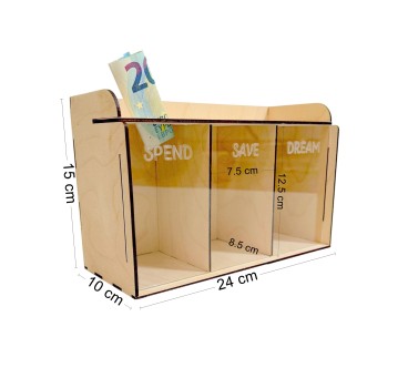 Wooden World – Triple Wooden Money Box with Transparent Front – 3 Compartments “Spend, Save, Dream” – 24x15x10 cm