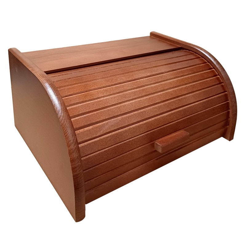 Small Dark Brown Beech Wood Bread Box with Roll-Top Lid – Compact Wooden Kitchen Bread Bin 30x26x16 cm
