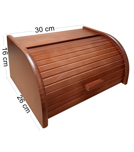 Small Dark Brown Beech Wood Bread Box with Roll-Top Lid – Compact Wooden Kitchen Bread Bin 30x26x16 cm