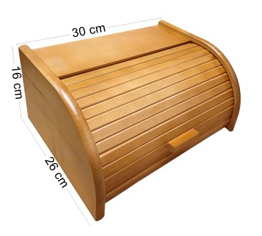 Small Light Brown Beech Wood Bread Box with Roll-Top Lid – Compact Wooden Kitchen Bread Bin 30x26x16 cm