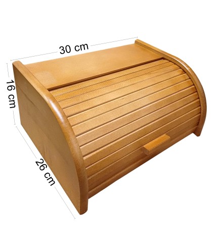 Small Light Brown Beech Wood Bread Box with Roll-Top Lid – Compact Wooden Kitchen Bread Bin 30x26x16 cm