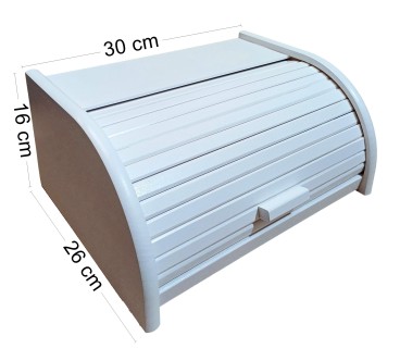 Small White Beech Wood Bread Box with Roll-Top Lid – Compact Wooden Kitchen Bread Bin 30x26x16 cm