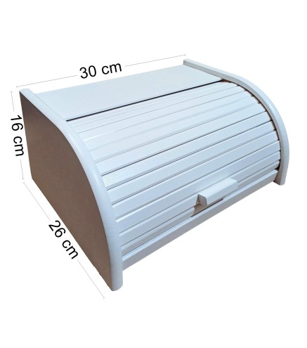 Small White Beech Wood Bread Box with Roll-Top Lid – Compact Wooden Kitchen Bread Bin 30x26x16 cm