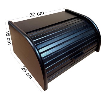 Small Black Beech Wood Bread Box with Roll-Top Lid – Compact Wooden Kitchen Bread Bin 30x26x16 cm