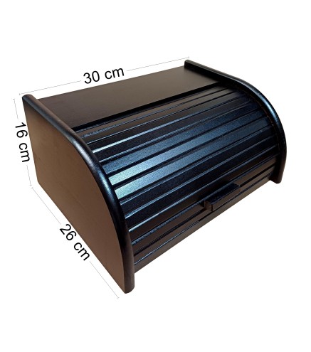 Small Black Beech Wood Bread Box with Roll-Top Lid – Compact Wooden Kitchen Bread Bin 30x26x16 cm