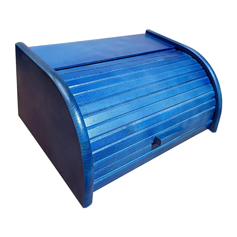Small Blue Beech Wood Bread Box with Roll-Top Lid – Compact Wooden Kitchen Bread Bin 30x26x16 cm Small Blue Beech Wood Bread Box with Roll-Top Lid – Compact Wooden Kitchen Bread Bin 30x26x16 cm