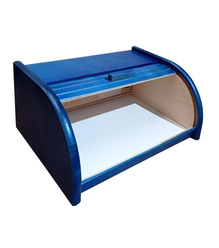 Small Blue Beech Wood Bread Box with Roll-Top Lid – Compact Wooden Kitchen Bread Bin 30x26x16 cm