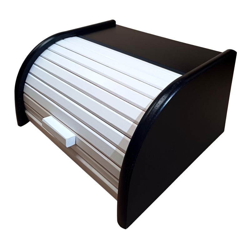 Small Black Bread Bin with White Roll-Top Shutter – Beech Wood – 30x26x16 cm Small Black Bread Bin with White Roll-Top Shutter – Beech Wood – 30x26x16 cm