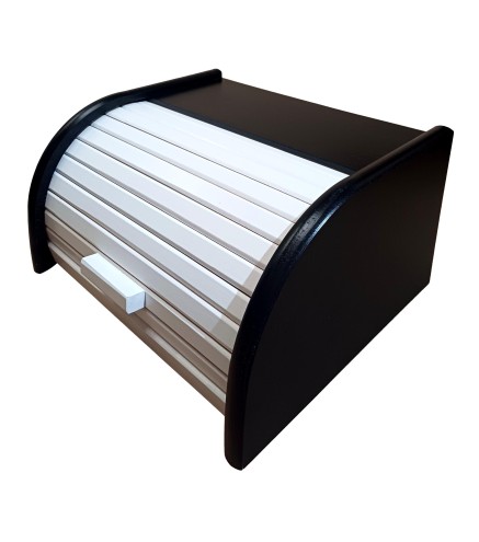 Wooden World – Black Bread Bin with White Shutter – 30x26x16 cm