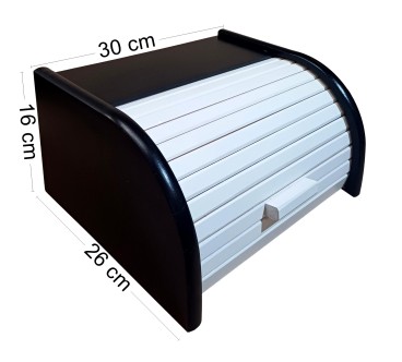 Small Black Bread Bin with White Roll-Top Shutter – Beech Wood – 30x26x16 cm