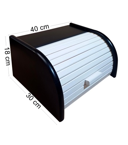 Large Black Bread Bin with White Roll-Top Shutter – Beech Wood – 40x30x18 cm