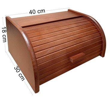 Large Dark Brown Beech Wood Bread Box – Roll Top Kitchen Bread Bin 40x30x18 cm