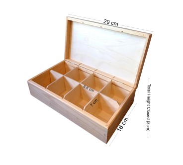Wooden Tea Box – 8 Compartments – Natural Pine – Handmade in UK – Smooth Raw Finish – Storage for Tea