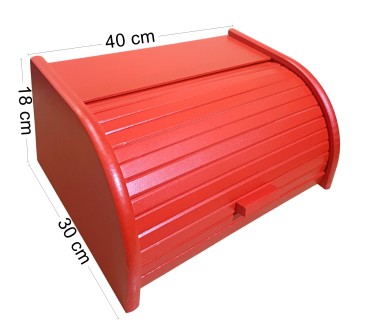 Large Red Beech Wood Bread Box – Roll-Top Kitchen Bread Bin with Front Shutter – 40x30x18 cm