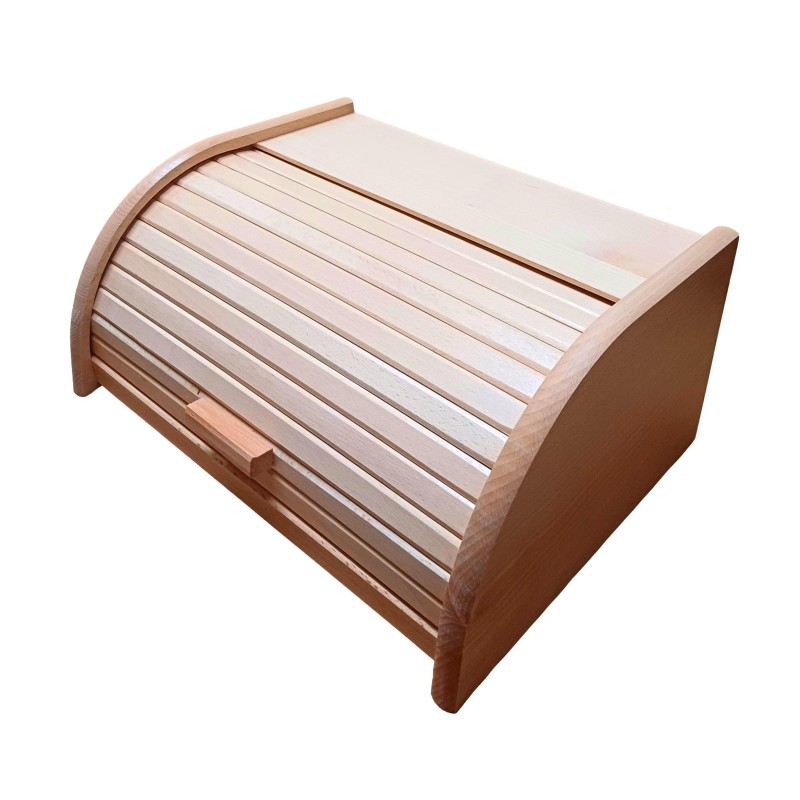 Large Beech Wood Bread Box with Clear Lacquer Finish – Roll Top Lid – 40x30x18 cm
