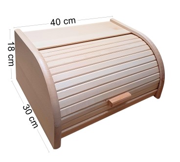 Large Beech Wood Bread Box with Clear Lacquer Finish – Roll Top Lid – 40x30x18 cm