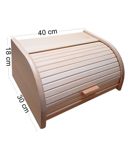 Large Beech Wood Bread Box with Clear Lacquer Finish – Roll Top Lid – 40x30x18 cm