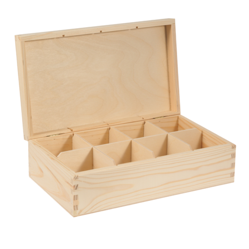 Wooden Tea Box – 8 Compartments – Natural Pine – Handmade in UK – Smooth Raw Finish – Storage for Tea