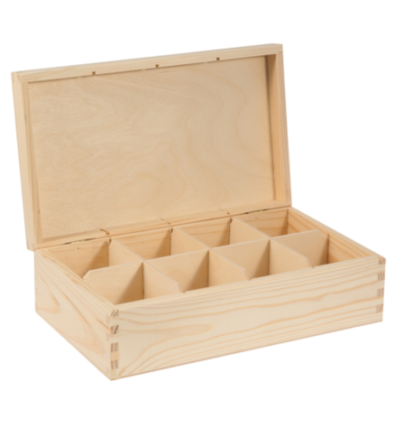 Wooden Tea Box – 8 Compartments – Handmade in UK