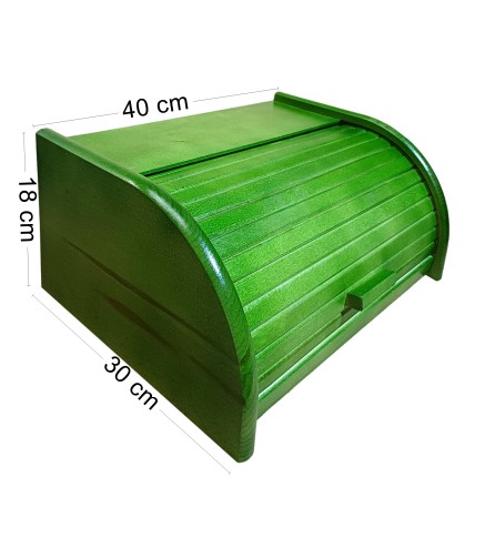 Large Green Beech Wood Bread Box – Roll-Top Bread Bin with Front Shutter – 40x30x18 cm