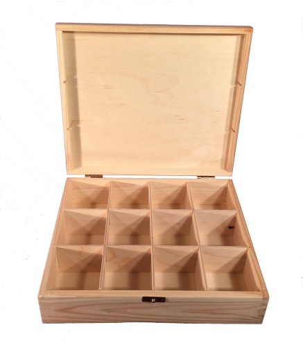 Wooden Tea Box – 12 Compartments – Handmade in UK