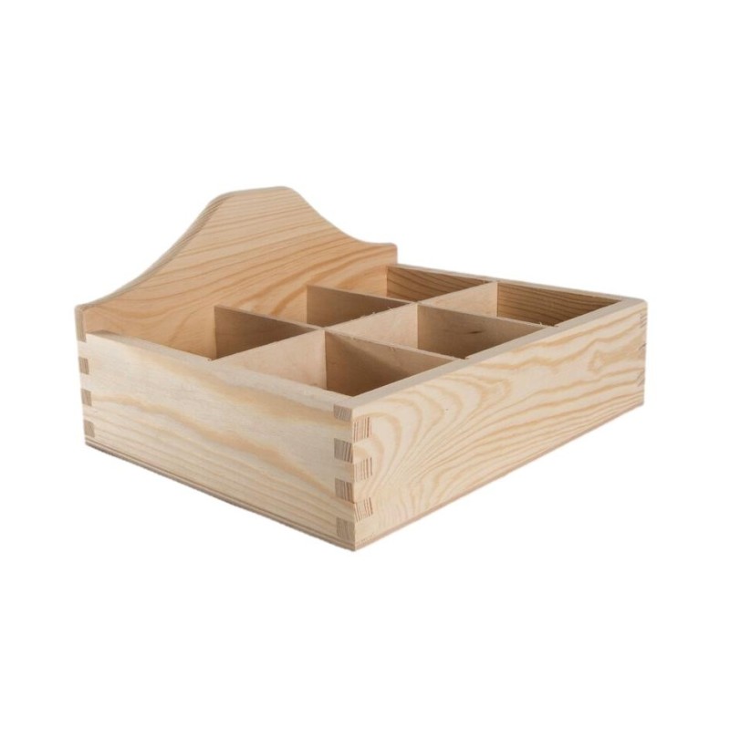 Wooden Countertop Tea and Cutlery Organizer – 6 Compartments – Natural Pine – Unfinished Storage for Kitchen or Café