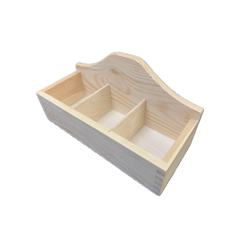 Wooden Countertop Tea and Cutlery Organizer – 3 Compartments – Natural Pine – Unfinished Storage for Kitchen or Café