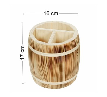 Burnt Pine Wood Barrel Organizer with 3 Compartments – 17x16 cm