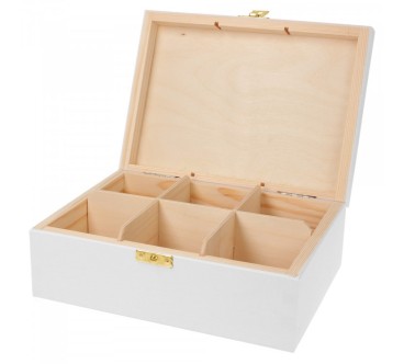 White Wooden Tea Box – 6 Compartments – Metal Clasp