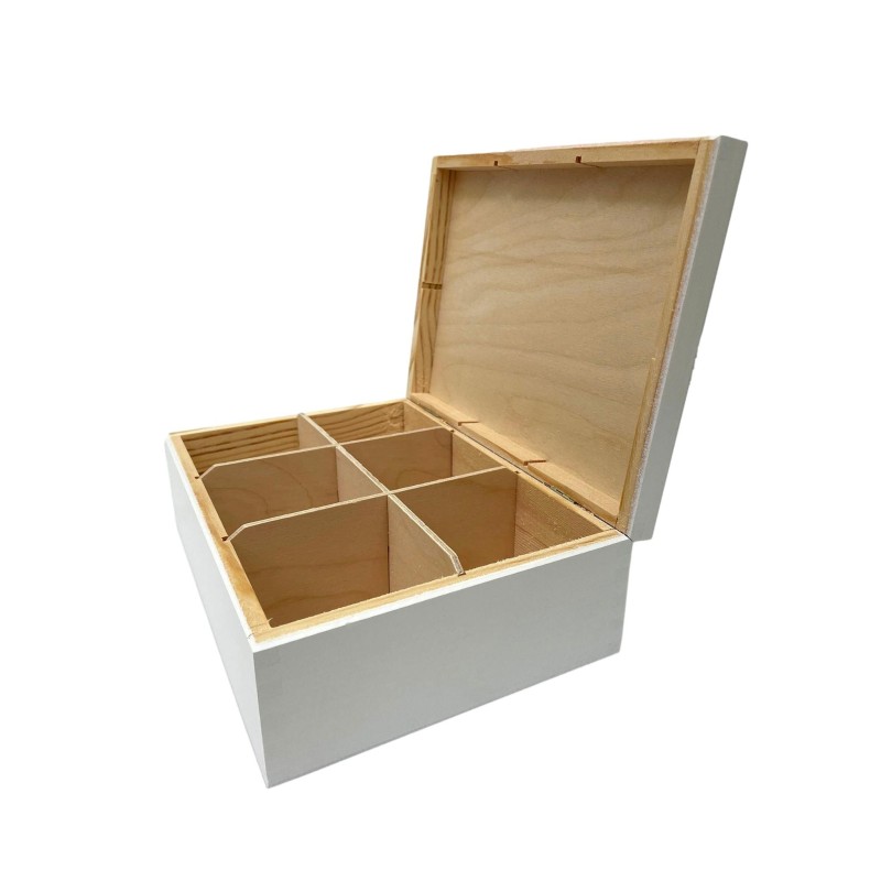 White Wooden Tea Box – 6 Equal Compartments – Painted Pine Storage for Tea, Spices, Jewellery or Gifts White Wooden Tea Box – 6 Equal Compartments – Painted Pine Storage for Tea, Spices, Jewellery or Gifts