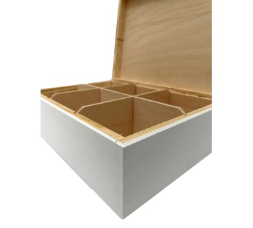 White Wooden Tea Box – 6 Equal Compartments – Painted Pine Storage for Tea, Spices, Jewellery or Gifts