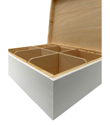 White Wooden Tea Box – 6 Equal Compartments – Painted Pine Storage for Tea, Spices, Jewellery or Gifts
