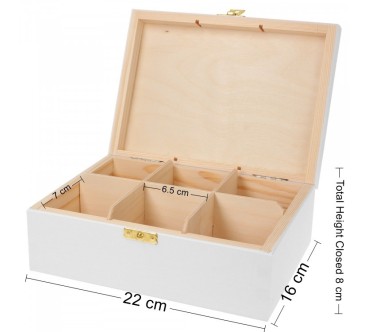 White Wooden Tea Box – 6 Compartments – Pine with Metal Clasp – Painted Exterior