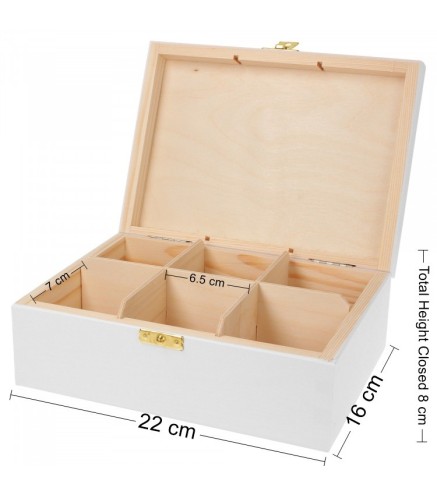 White Wooden Tea Box – 6 Compartments – Pine with Metal Clasp – Painted Exterior