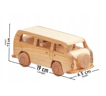Wooden World Wooden Volkswagen T2 Van Toy, Mixed Woods, Movable Wheels, 19.5×6.5×7.5 cm