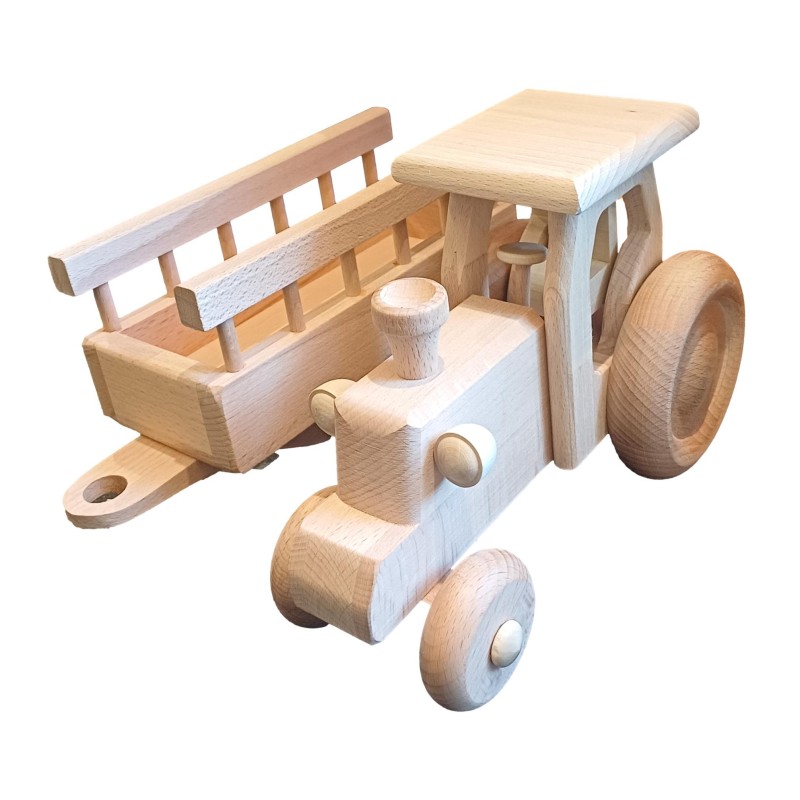Wooden World Wooden Tractor with Detachable Trailer, Beech Wood, Movable Wheels, 41 cm Set