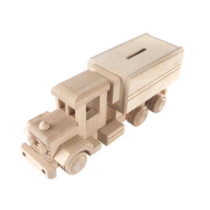 Wooden World Wooden Truck Piggy Bank with Detachable Trailer, Beech Wood, Sliding Access, 24×9×8.5 cm