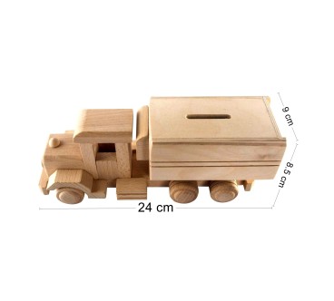 Wooden World Wooden Truck Piggy Bank with Detachable Trailer, Beech Wood, Sliding Access, 24×9×8.5 cm